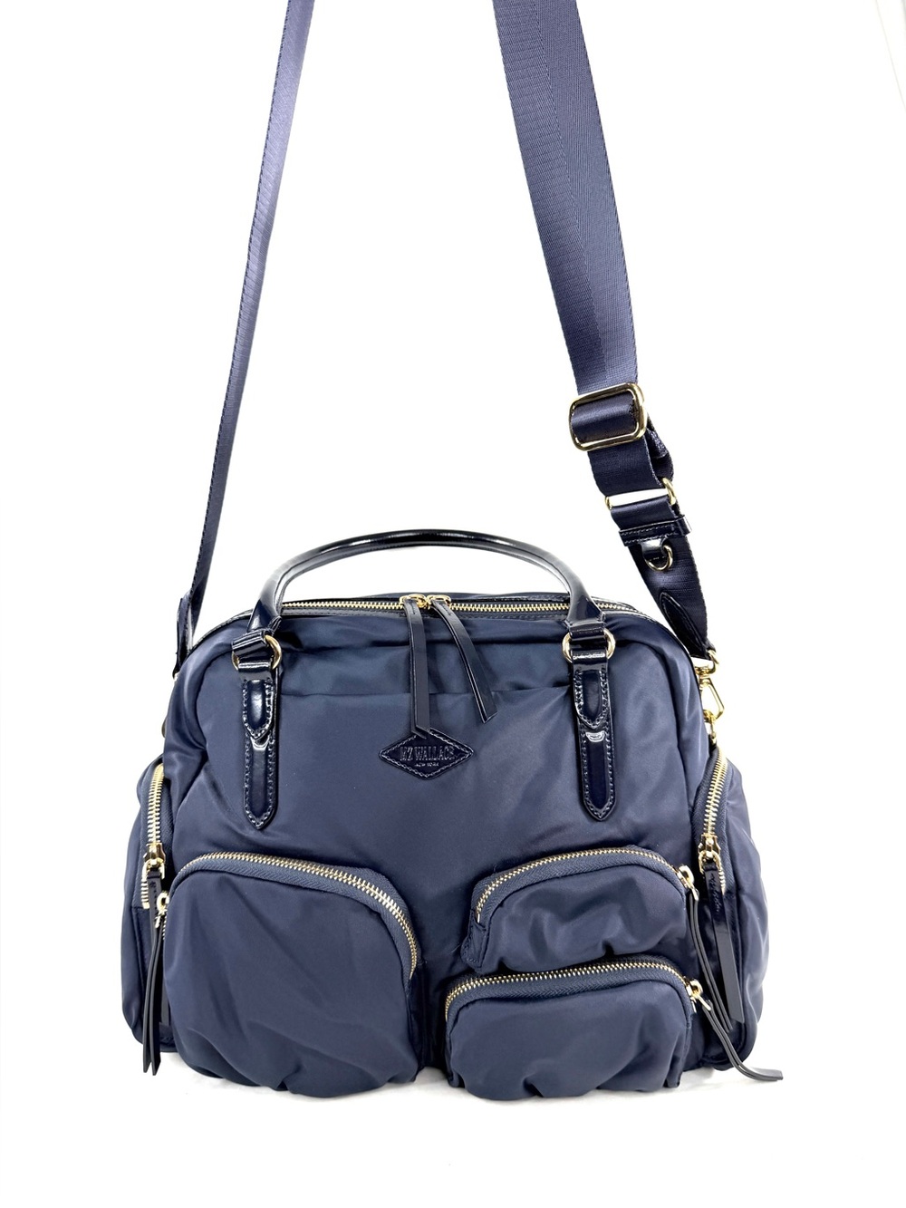 MZ WALLACE Chelsea Navy Blue Nylon Large Shoulder Crossbody Bag Leather Pouch